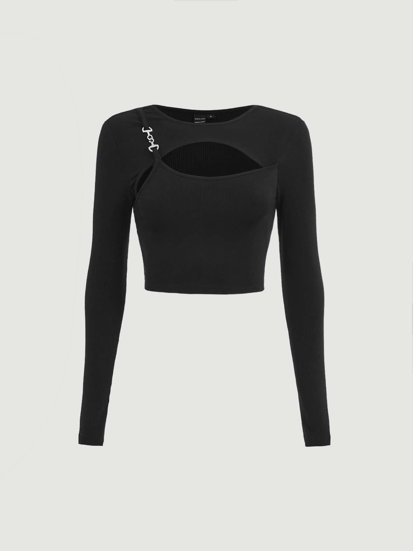 SHEIN MOD Áo thun nữ Chuỗi Cắt ra Gân đan màu trơn Giải trí - màu đen - Xem 1