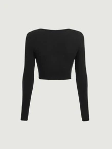 SHEIN MOD Áo thun nữ Chuỗi Cắt ra Gân đan màu trơn Giải trí - màu đen - Xem 2