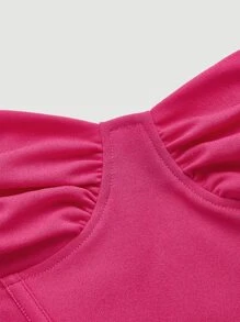 SHEIN MOD Camiseta Con Top De Malla Ajustado Al Cuerpo Rojo Rosa Con Plisado En El Busto Y Dobladillo Irregular - Rosa Fucsia - Ver 3