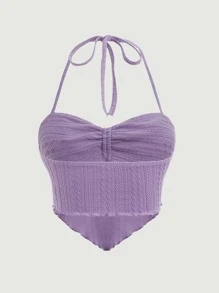 SHEIN MOD Solid Drawstring Halter Top - Lilac Purple - View 2