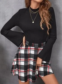 SHEIN Essnce Bộ đồ hai mảnh nữ Gân đan Sọc ca rô Giải trí - Nhiều màu - Xem 1