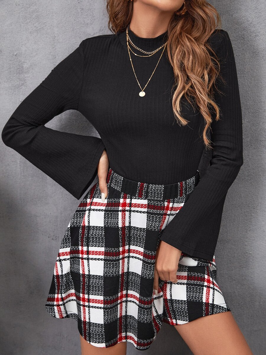 SHEIN Essnce Bộ đồ hai mảnh nữ Gân đan Sọc ca rô Giải trí - Nhiều màu - Xem 1