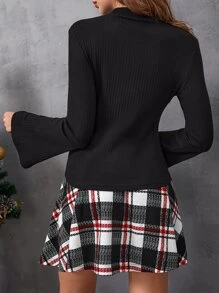 SHEIN Essnce Bộ đồ hai mảnh nữ Gân đan Sọc ca rô Giải trí - Nhiều màu - Xem 4