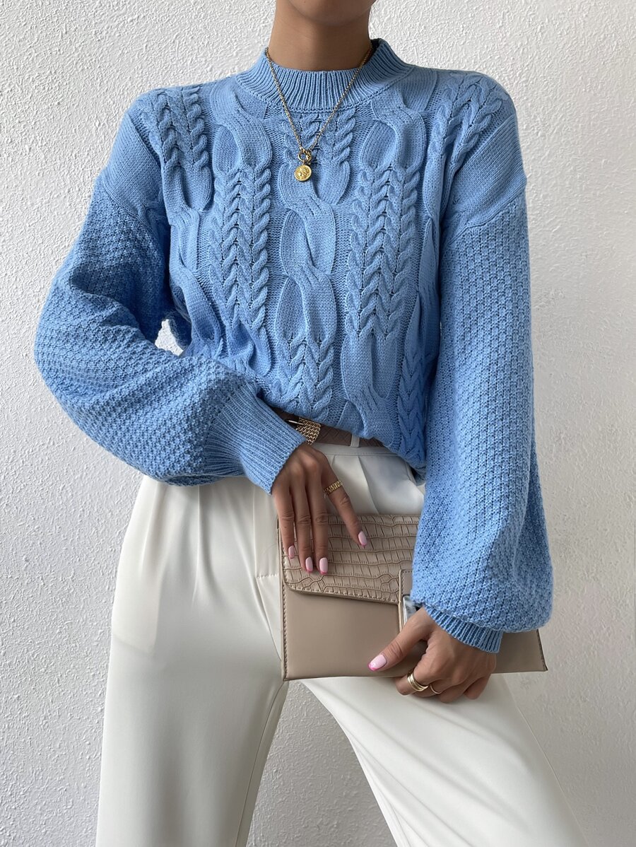 Cable Knit Drop Shoulder Jumper - Blue - View 1