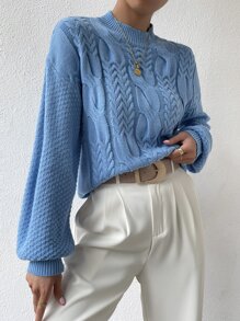 Cable Knit Drop Shoulder Jumper - Blue - View 3