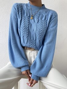 Cable Knit Drop Shoulder Jumper - Blue - View 4