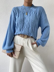 Cable Knit Drop Shoulder Jumper - Blue - View 5