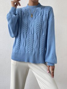Cable Knit Drop Shoulder Jumper - Blue - View 6