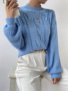 Cable Knit Drop Shoulder Jumper - Blue - View 7