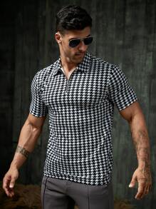 Manfinity Men Zip Half Placket Houndstooth Polo Shirt - Black and White - View 4