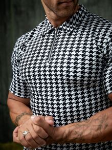 Manfinity Men Zip Half Placket Houndstooth Polo Shirt - Black and White - View 5