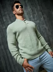Manfinity VCAY Men Button Front Jumper - Mint Green - View 3