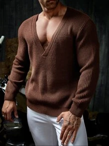 GENTILAND Men Solid Deep V Neck Jumper - Coffee Brown - View 1