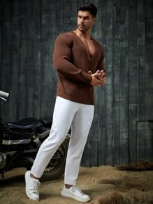 GENTILAND Men Solid Deep V Neck Jumper - Coffee Brown - View 3