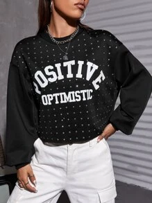 SHEIN Coolane 字母圖案水鑽細節短款運動衫 - 黑色 - 查看 1