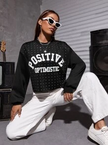 SHEIN Coolane 字母圖案水鑽細節短款運動衫 - 黑色 - 查看 3