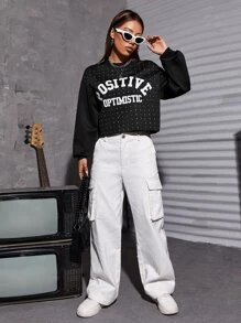 SHEIN Coolane 字母圖案水鑽細節短款運動衫 - 黑色 - 查看 6