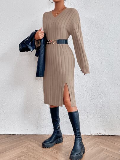 SHEIN Frenchy Drop Shoulder Split Hem Sweater Dress Without Belt Winter Brown Casual