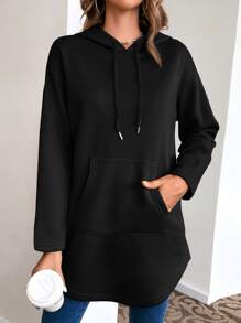 SHEIN LUNE Kangaroo Pocket Drop Shoulder Drawstring Hoodie - Black - View 1