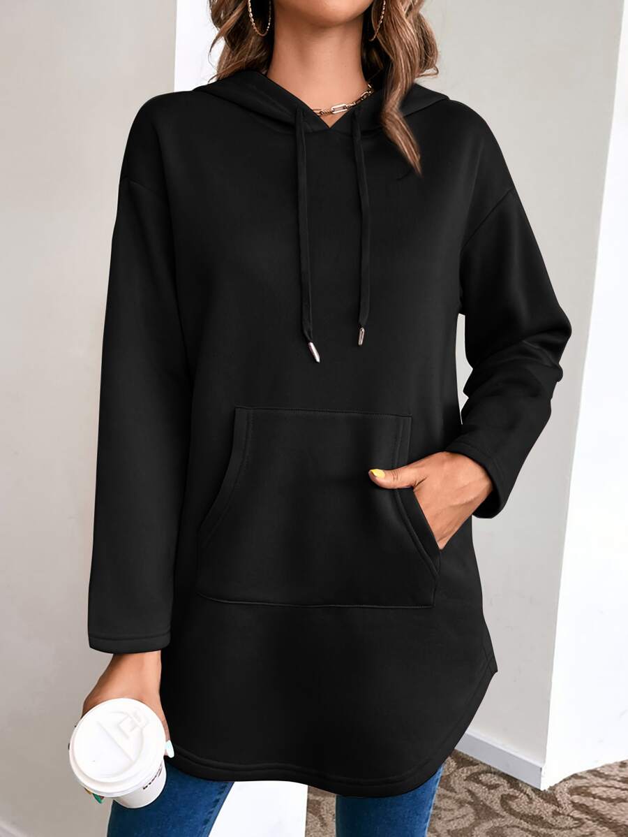 SHEIN LUNE Kangaroo Pocket Drop Shoulder Drawstring Hoodie - Black - View 1