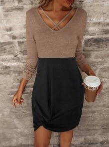 SHEIN LUNE 撞色交叉扭結下擺緊身連衣裙 - 彩色 - 查看 1