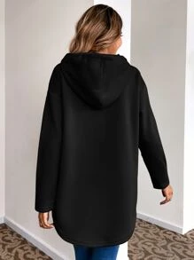 SHEIN LUNE Kangaroo Pocket Drop Shoulder Drawstring Hoodie - Black - View 2