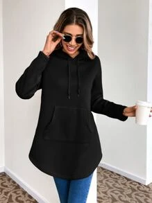 SHEIN LUNE Kangaroo Pocket Drop Shoulder Drawstring Hoodie - Black - View 3
