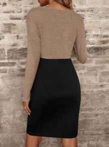 SHEIN LUNE 撞色交叉扭結下擺緊身連衣裙 - 彩色 - 查看 2