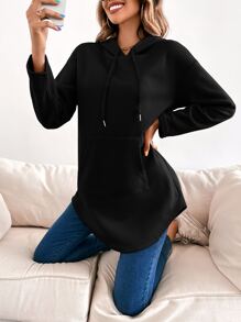 SHEIN LUNE Kangaroo Pocket Drop Shoulder Drawstring Hoodie - Black - View 4