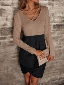 SHEIN LUNE 撞色交叉扭結下擺緊身連衣裙 - 彩色 - 查看 3