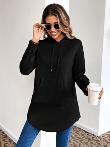 SHEIN LUNE Kangaroo Pocket Drop Shoulder Drawstring Hoodie - Black - View 5