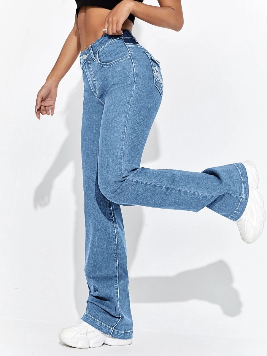 SHEIN EZwear Embroidery Detail Flare Leg Jeans - Medium Wash - View 1