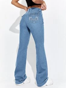 SHEIN EZwear Embroidery Detail Flare Leg Jeans - Medium Wash - View 3