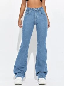 SHEIN EZwear Embroidery Detail Flare Leg Jeans - Medium Wash - View 5