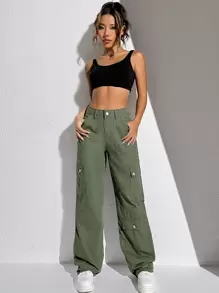 SHEIN ICON Flap Pocket Cargo Jeans - Army Green - View 3