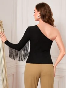 Modelyn Camiseta delgada de un hombro ribete con fleco