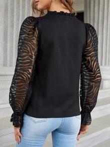 SHEIN Clasi Contrast Zebra Striped Mesh Flounce Sleeve Blouse - Black - View 4