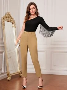 Modelyn Camiseta delgada de un hombro ribete con fleco