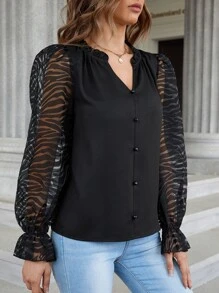 SHEIN Clasi Contrast Zebra Striped Mesh Flounce Sleeve Blouse - Black - View 5
