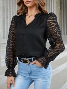 SHEIN Clasi Contrast Zebra Striped Mesh Flounce Sleeve Blouse - Black - View 2