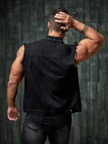 Manfinity NXTstreet Men Cotton Studded Detail Ripped Vest Denim Jacket - Black - View 2