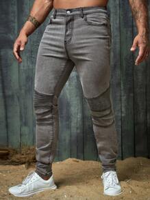 GENTILAND Men Zipper Fly Contrast Panel Jeans - Grey - View 1