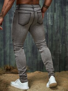 GENTILAND Men Zipper Fly Contrast Panel Jeans - Grey - View 2