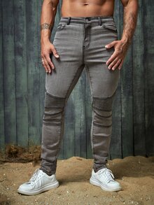 GENTILAND Men Zipper Fly Contrast Panel Jeans - Grey - View 4