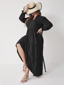 Mulvari Plus Button Front Flounce Sleeve Ruffle Hem Dress Without Belt - Black - View 1