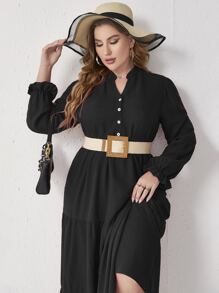 Mulvari Plus Button Front Flounce Sleeve Ruffle Hem Dress Without Belt - Black - View 3