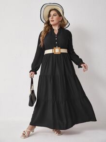 Mulvari Plus Button Front Flounce Sleeve Ruffle Hem Dress Without Belt - Black - View 4