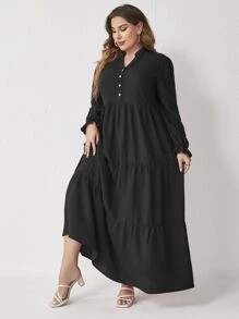 Mulvari Plus Button Front Flounce Sleeve Ruffle Hem Dress Without Belt - Black - View 5