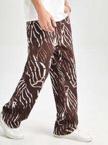 Manfinity VCAY 男士棉圖案印花直筒牛仔褲 - 咖啡棕 - 查看 1