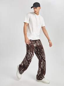 Manfinity VCAY 男士棉圖案印花直筒牛仔褲 - 咖啡棕 - 查看 3